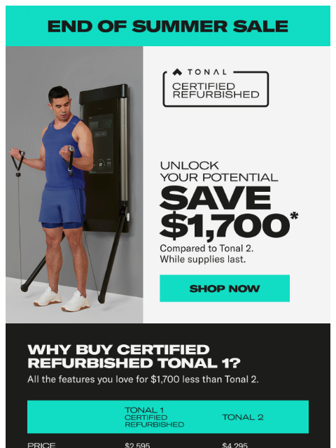 tonal newsletter: Save $1700 on Certified Refurbished Tonal 1