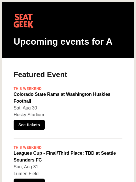 seatgeek newsletter: Colorado State Rams at Washington Huskies Football...