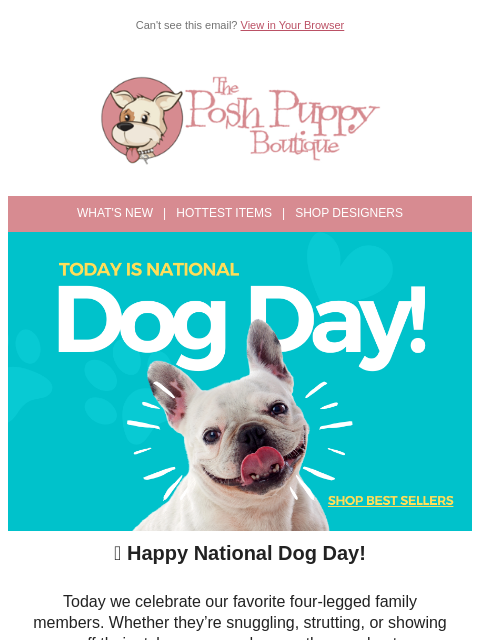 poshpuppyboutique newsletter: Happy National Dog Day! Treat Your Pup 🎉