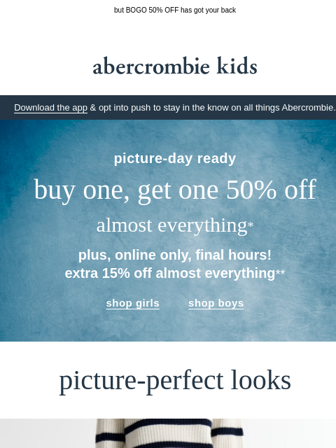 abercrombie newsletter: extra, extra! extra 15% OFF ends soon