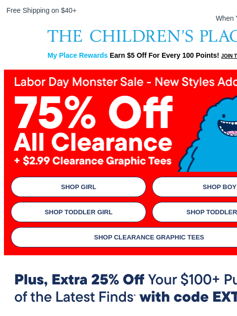 childrensplace newsletter: We’re so back. 👀 75% OFF Monster Clearance Sale!