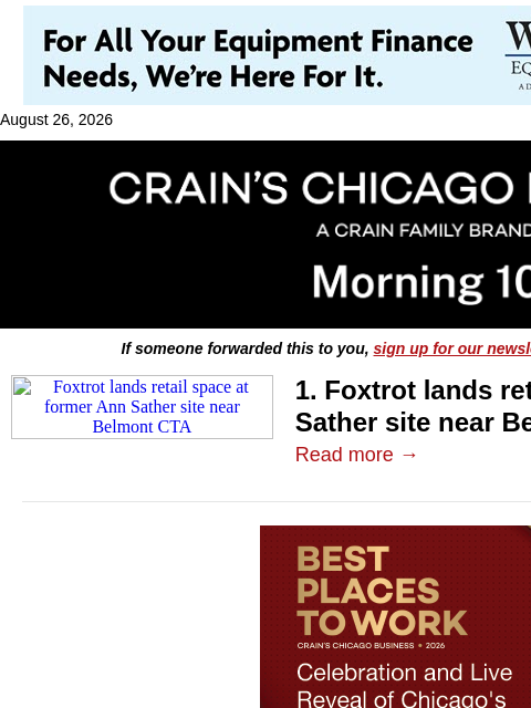 crainalerts newsletter: Foxtrot expands its Chicago comeback