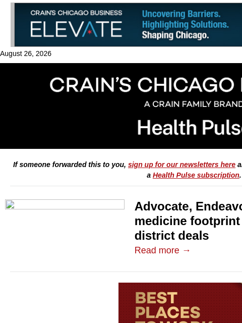 crainalerts newsletter: Advocate, Endeavor up their sports game