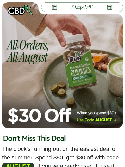 cbdfx newsletter: Still live: $30 OFF qualifying orders!