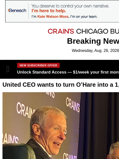 crainalerts newsletter: United's CEO has a big vision for Chicago