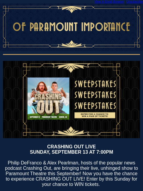 kroenkeentertainment newsletter: Enter To Win: Crashing Out LIVE tickets!