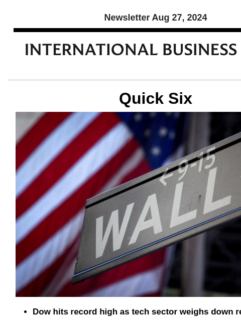 Newsletter Aug 27, 2024 Quick Six Dow hits record high as tech sector weighs down recovery The Dow Jones Industrial Average hit a record high Monday, while tech-sector losses weighed on the S&P 500