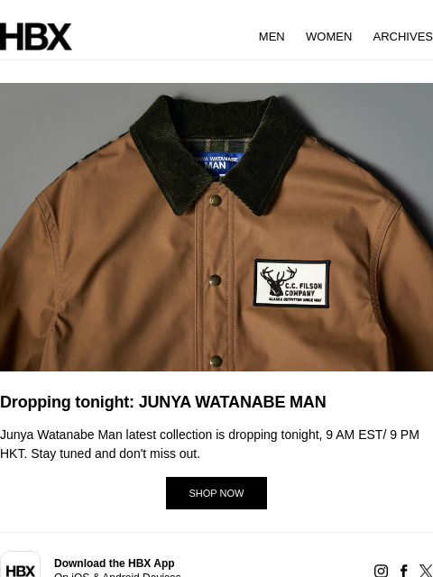 hbx newsletter: Dropping Tonight: Junya Watanabe Man