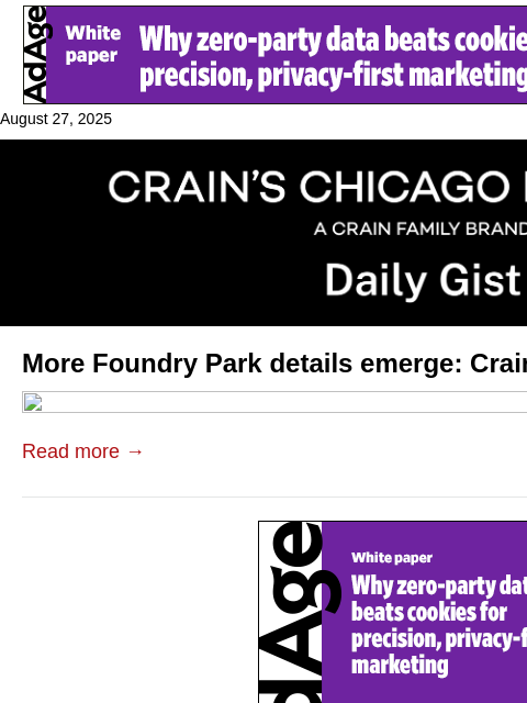 crainalerts newsletter: More Foundry Park details emerge: Crain's Daily Gi...