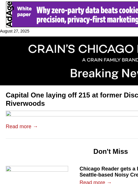 crainalerts newsletter: Capital One cuts jobs at former Discover HQ