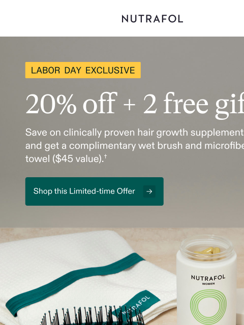 nutrafol newsletter: Get 20% off + 2 free gifts.