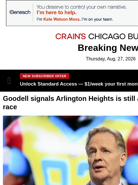 crainalerts newsletter: NFL chief signals Arlington Heights is still in th...