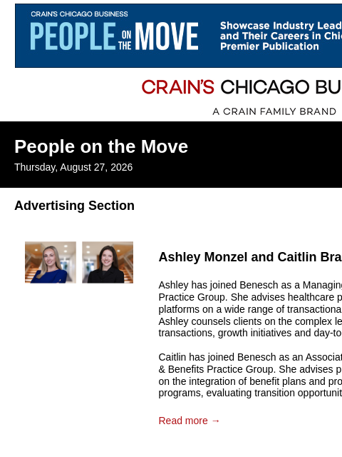 crainalerts newsletter: Crain's Chicago Business - People on the Move