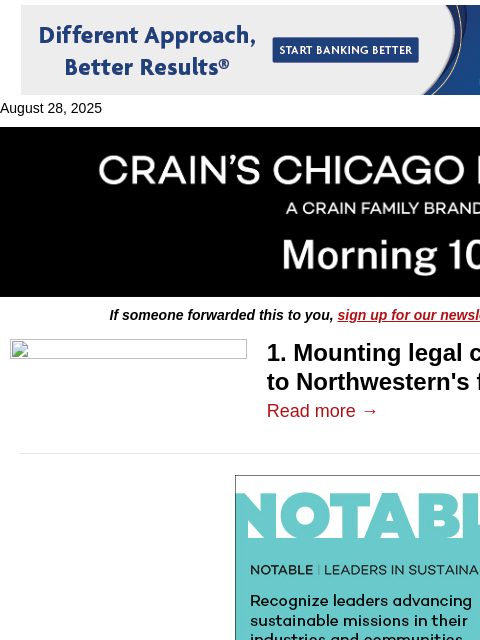 crainalerts newsletter: Northwestern's legal tab runs higher
