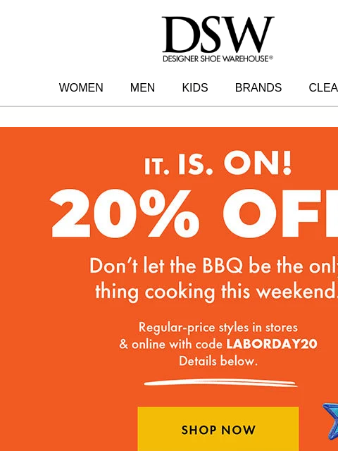 dsw newsletter: Labor Day 20% off starts… NOW!