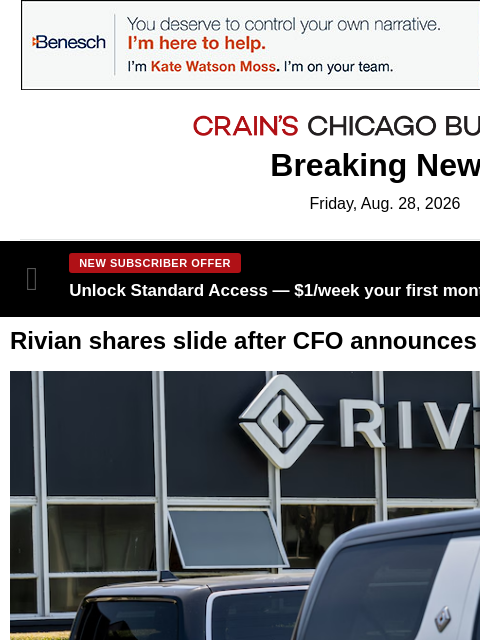 crainalerts newsletter: A surprise departure at Rivian