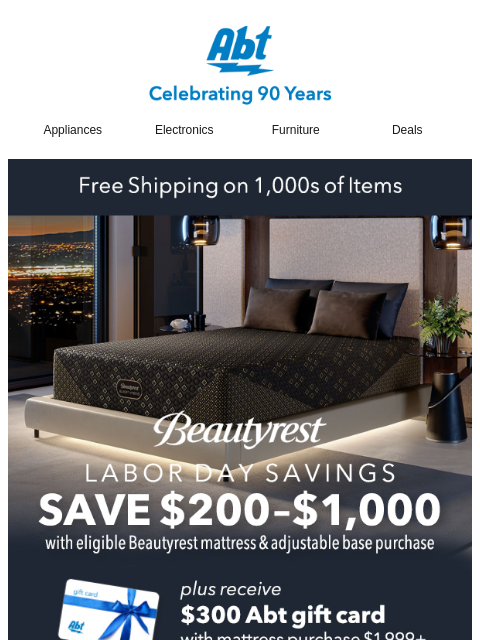 abt newsletter: Save Up to $1,000 on Beautyrest Mattresses this La...