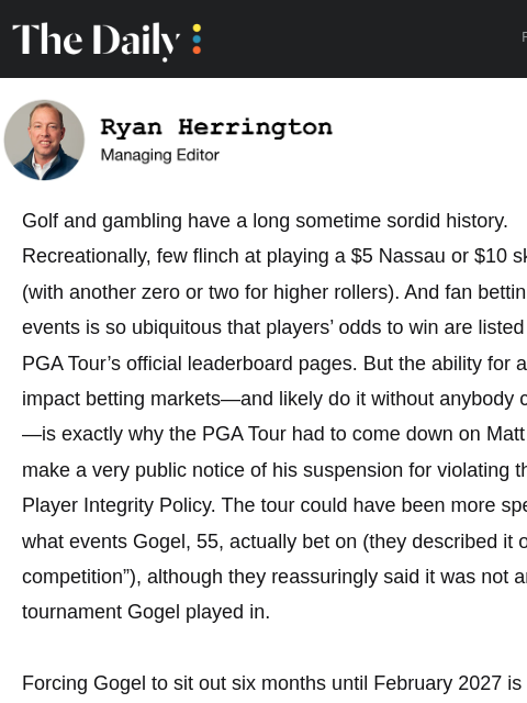 golfdigest newsletter: Punishing a tour pro's bad bet