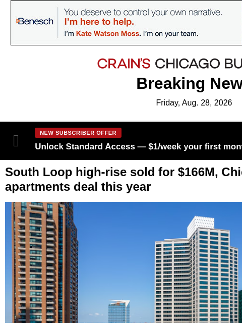 crainalerts newsletter: South Loop apartments sold for $166M
