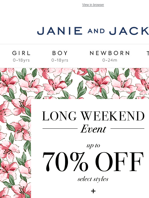 With an extra 20% off sale. View in browser Stores Janie and Jack Girl Boy Newborn Tween Janie and Jack Girl Boy Newborn Tween Girl Boy Newborn Girl Newborn Boy Accessories Sale Gift Services Refer A