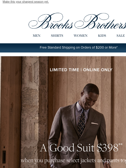 brooksbrothers newsletter: Starts today: Select suits $398 for a limited time