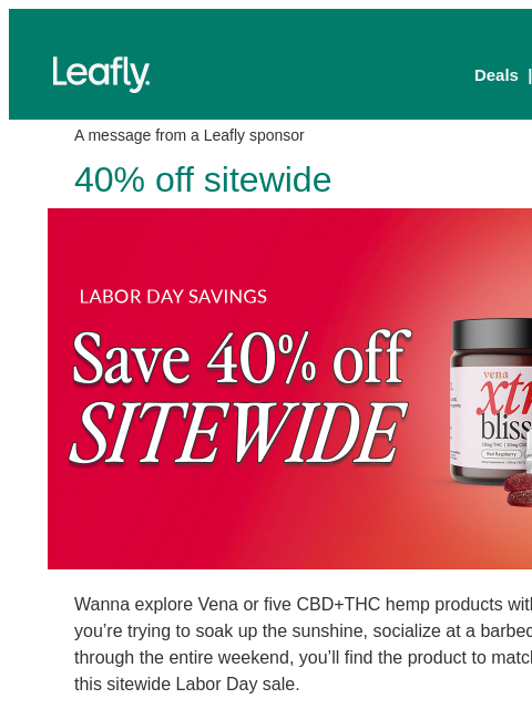 leafly newsletter: 40% off hemp THC gummies ⛱️