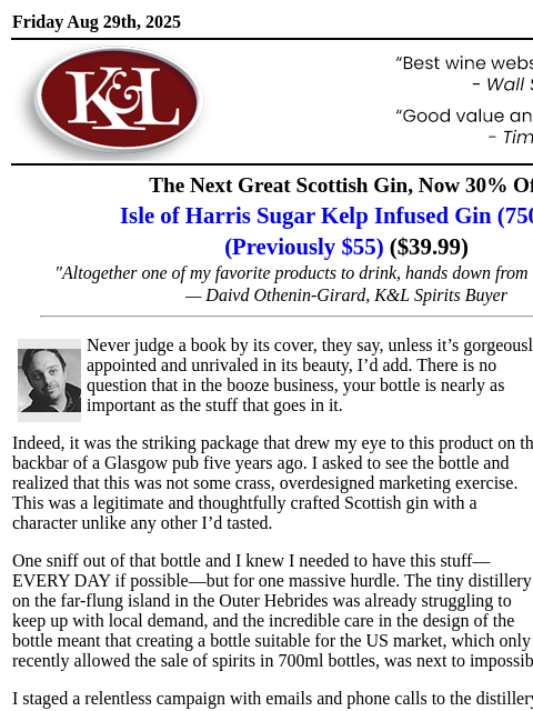 klwines newsletter: Tiny Allocation: David's Favorite Gin Hits the She...