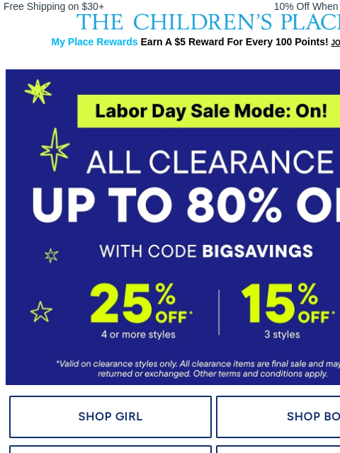 childrensplace newsletter: Up to 80% OFF Clearance 🎉 Shop our Labor Day Sale