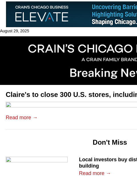crainalerts newsletter: Claire's to close 300 U.S. stores
