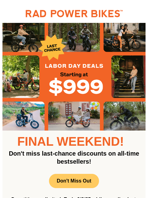 radpowerbikes newsletter: Final Weekend for Labor Day Deals! ⌛