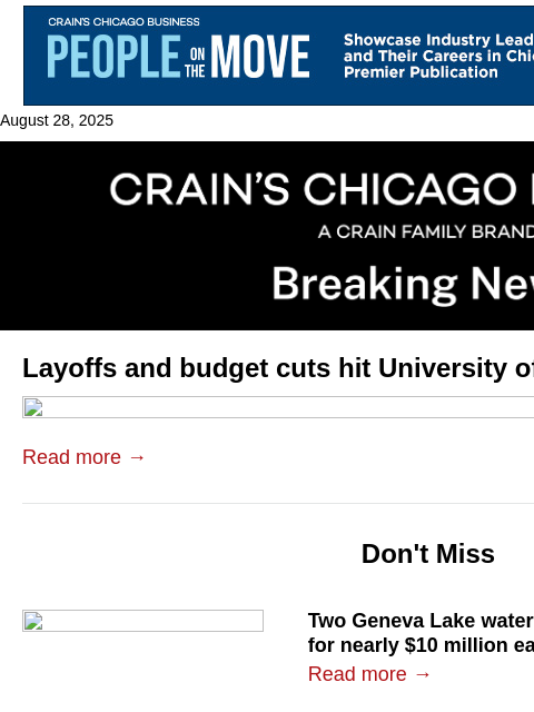 crainalerts newsletter: Layoffs, budget cuts at U of C