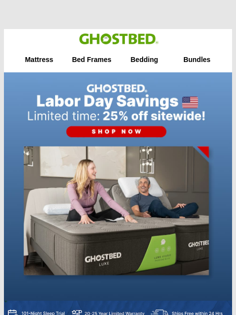 ghostbed newsletter: 25% off Mattresses for Labor Day! 🇺🇸