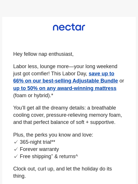 nectarsleep newsletter: A Labor Day note from Nectar—sealed with comfort �...
