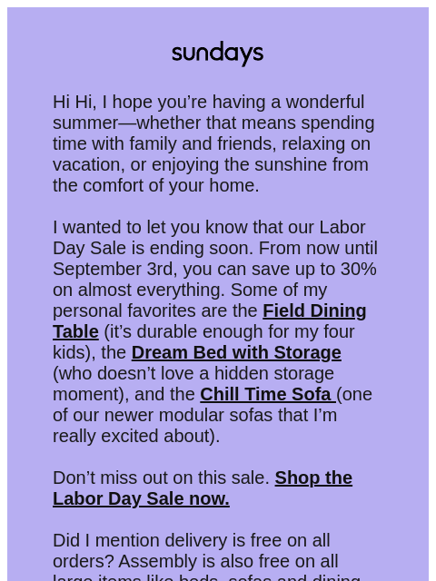 sundays-company newsletter: Don't miss our Labor Day Sale