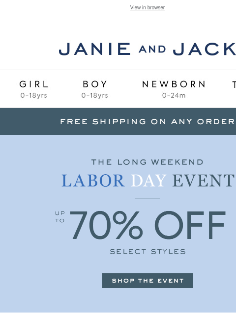 janieandjack newsletter: Hello, long weekend: up to 70% off + extra 25% off