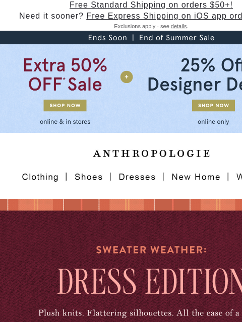 anthropologie newsletter: Extra 50% OFF sale on sale ends soon!