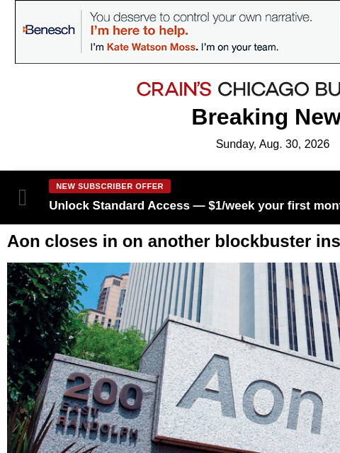 crainalerts newsletter: Aon chasing $17 billion insurance brokerage deal