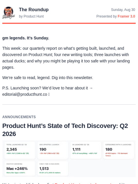 producthunt newsletter: 😸 Product Hunt’s State of Tech Discovery: Q2 2026