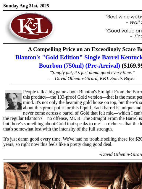 klwines newsletter: Rare Blanton’s Gold—750ml Allocation, Exclusive Pr...