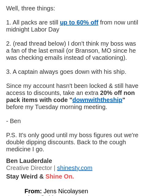 shinesty newsletter: FWD: RE: labor day promo up to 60% off