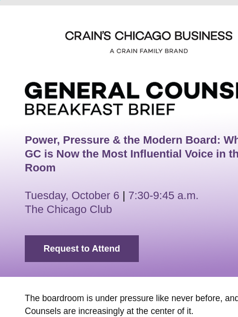 crainliveevents newsletter: Crain’s General Counsel Breakfast Returns Oct. 6