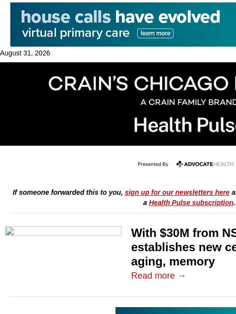 crainalerts newsletter: Northwestern gets $30M for cellular institute