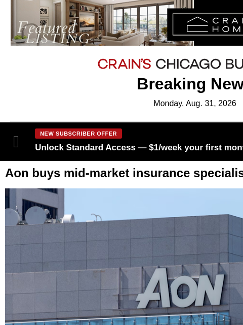crainalerts newsletter: Aon buys mid-market insurance specialist in $17B d...