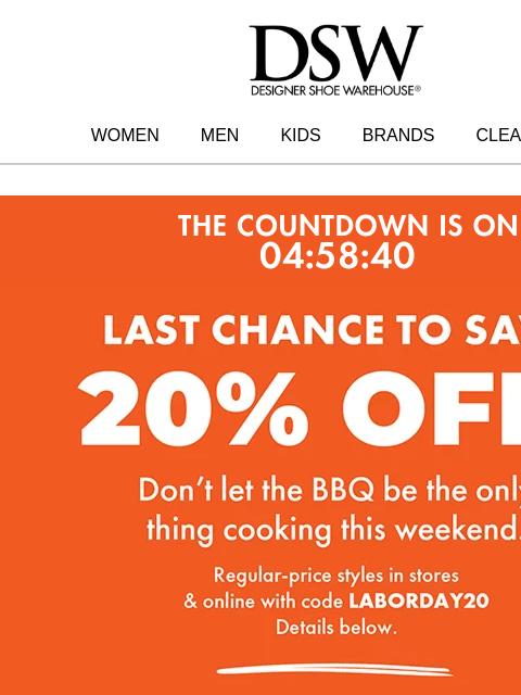 dsw newsletter: 20% OFF FINAL HOURS!