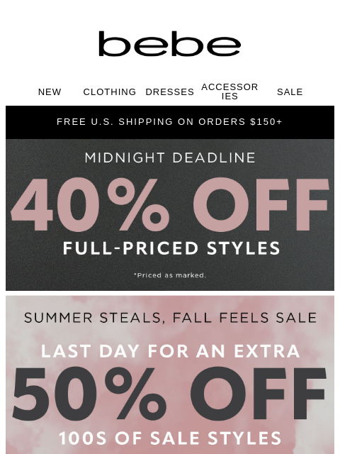 bebe newsletter: ENDING NOW: 50% Off Sale