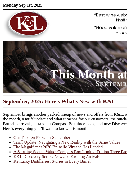 klwines newsletter: Here's What's New With K&L - Our Top Ten, Scotch B...