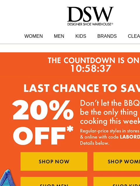 dsw newsletter: IT’S OVER (TONIGHT): 20% OFF!