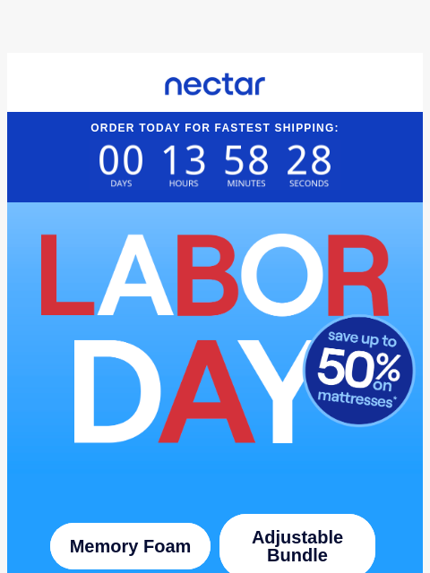 nectarsleep newsletter: It’s Labor Day 🎉! Up to 50% saved on mattresses �...