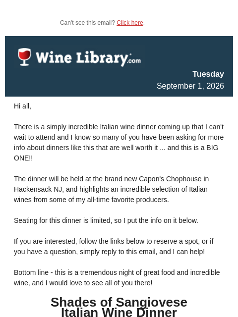 winelibrary newsletter: I'm going to this Wine Dinner - Would love to see ...