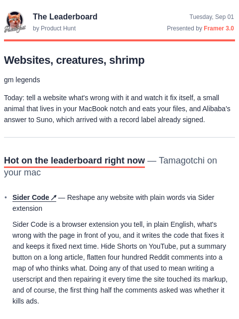 producthunt newsletter: Websites you can rewrite 🪄, a notch pet 👾, Aliba...